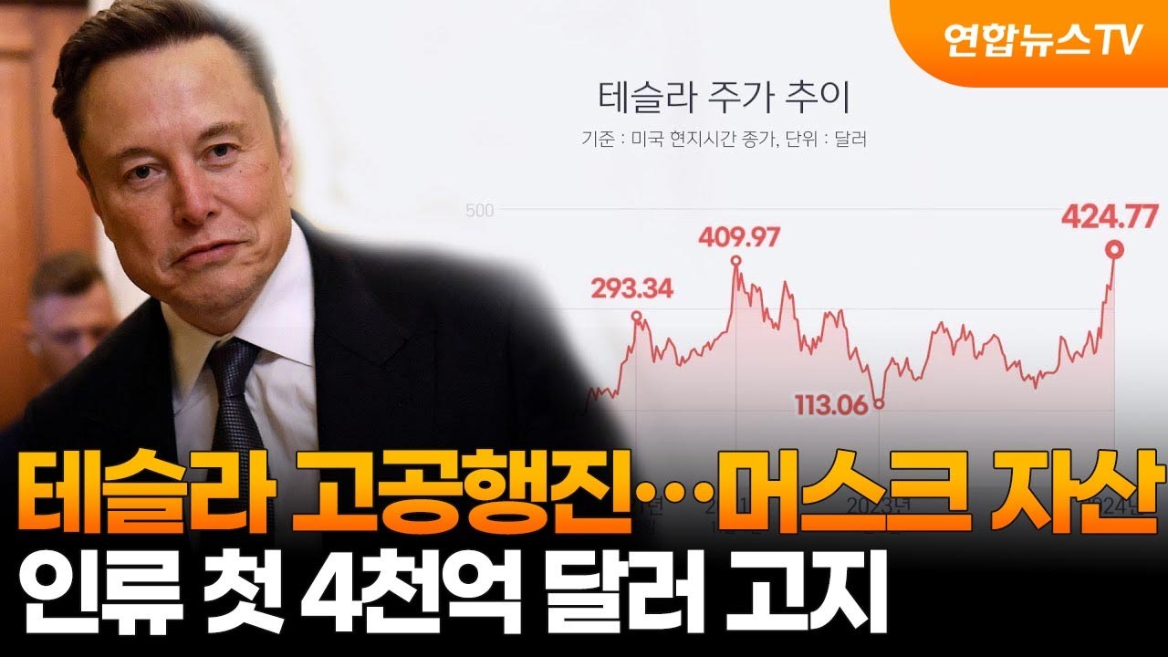 테슬라 주가 고공행진…머스크 자산, 인류 첫 4천억 달러 고지 / 연합뉴스TV (YonhapnewsTV)