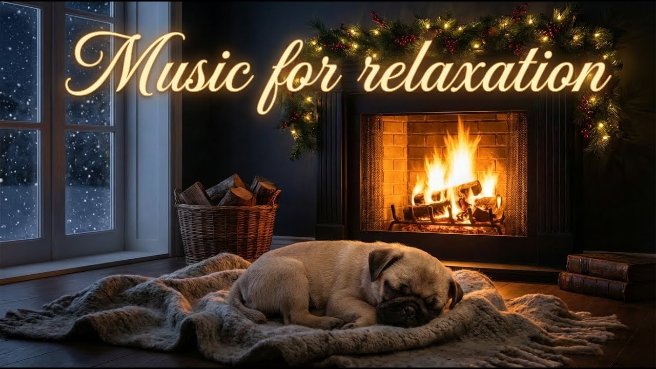 Sleeping Pug by Cozy Christmas Fireplace  | 1 Hour Relaxing Music for Deep Sleep, Stress Relief&Calm