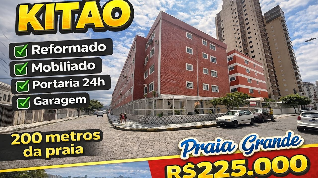 R$225.000 | Kitao | Mobiliado | 200 m mar | Portaria 24h | Garagem | Praia Grande. OPORTUNIDADE 