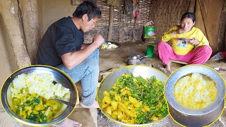 Mr nati enjoying watercress curry with rice in shelter @AloneAdhirajnepal