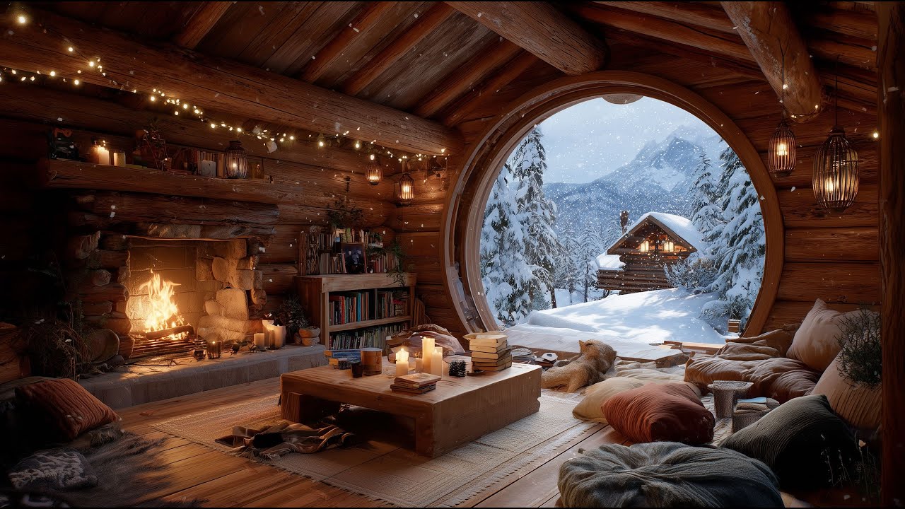 Cozy Winter Cabin Ambience ❄️ Warm Fireplace Glow & Gentle Snowfall