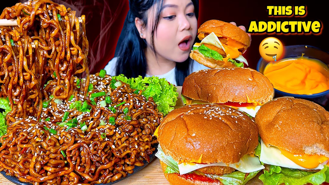 THIS IS ADDICTIVE 🤤 ASMR | Burgers & Black Bean Noodles MUKBANG
