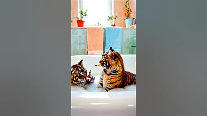 Watch the video about Cats smoking in bathtub,#cat#catlover#AI#funny#comic#cute#sweet#catvideo#shorts#tiger#bathtub#chill