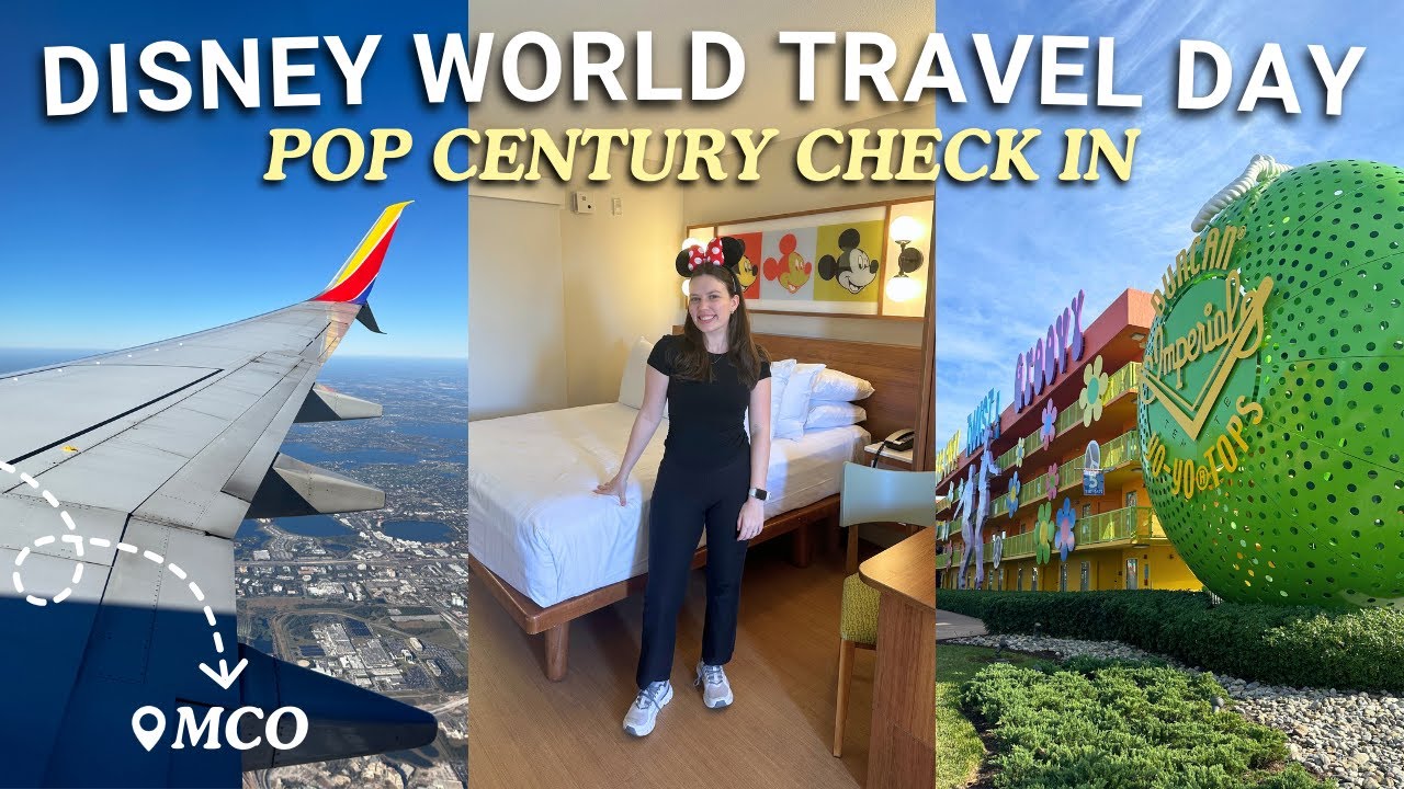DISNEY WORLD TRAVEL DAY VLOG ✨✈️  Pop Century Resort, room tour, Mears Connect, skyliner, & more!
