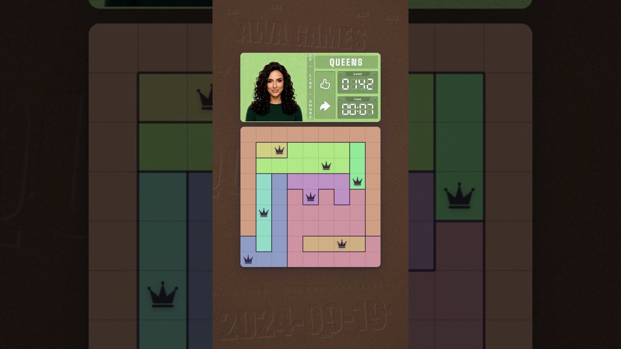 LinkedIn Queens #142 solved board for September 19, 2024, 9x9 grid