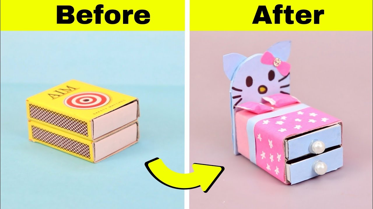 DIY Cute Hello kitty miniature bed with matchbox || How to make Hello ...