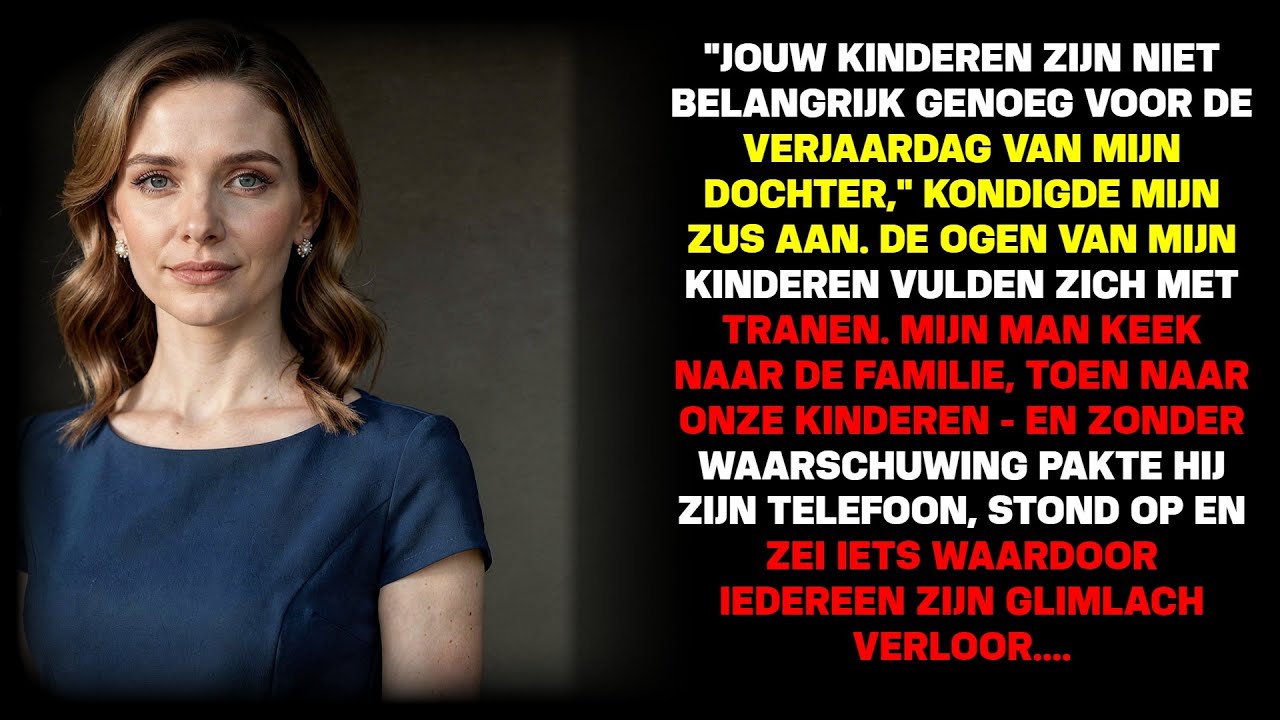 Ik stond in de keuken pastasaus te roeren toen mijn zus belde om te zeggen dat mijn kinderen niet welkom waren op haar dochters verjaardagsfeestje. "Ze zijn een beetje te jong, Hannah. Het is niet...