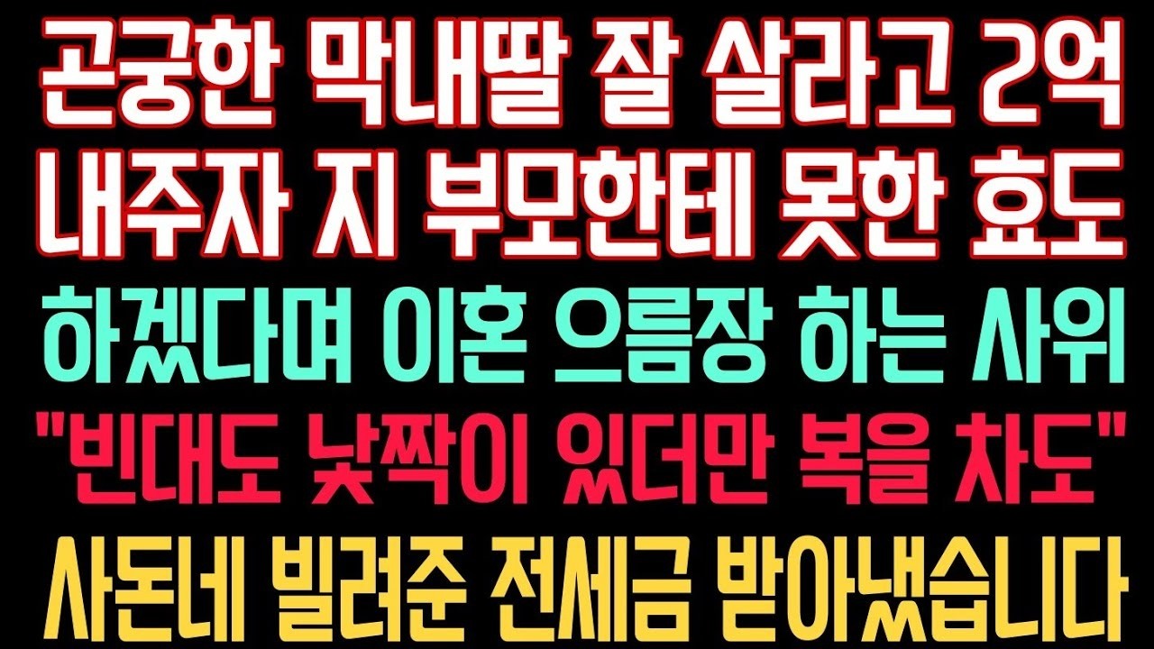 막내딸 잘 살라고 우리 부부가 피같은 2억을 주자 그 돈으로 못한 효도 하겠다며 이혼하자고 으름장 하는 사위  빈대도 낯짝이 있더만 복을 차도  사돈네 빌려준 전세금 받아