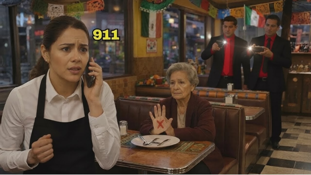 Anciana da señal silenciosa a mesera —ella llama al 911 al instante. Al día siguiente, un CEO...