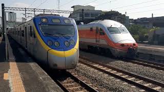 三車相會！PP鳴笛！117次，EMU3000新自強急行／122次，E1000自強急行，二水交會【3168次，區間車待避】