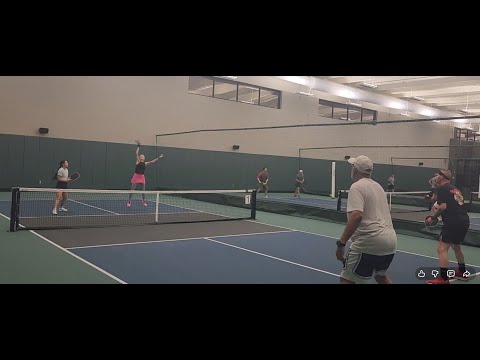 Kim Marie Ross pickleball time.  Crazy 45-shot rally!  Girls against the boys!  Score is 5-5.
