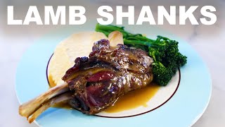 Lamb shanks with roasted garlic sauce | celeriac purée | broccolini