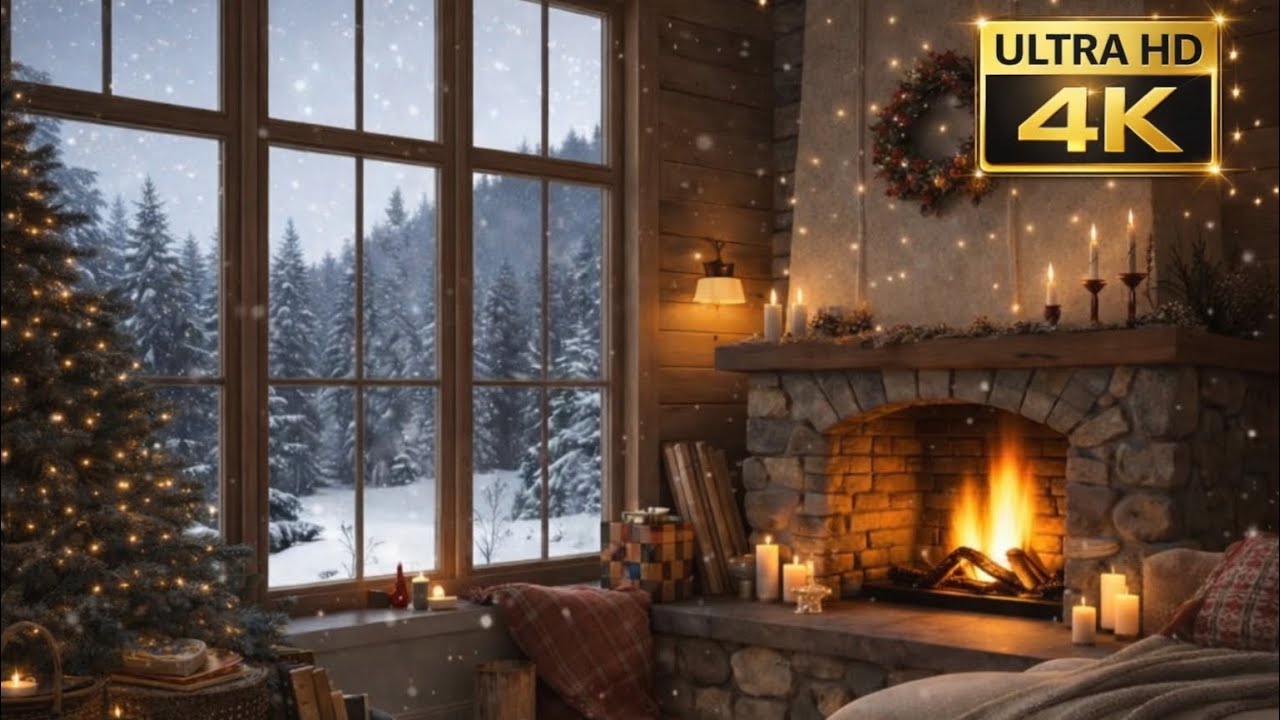 Peaceful Piano & Fireplace with Snowfall — Cozy Night for Sleep, Relaxation and Deep Rest | 4K
