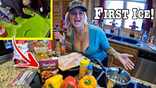 FIRST ICE Fishing with a GIANT HOLE CATCH AND COOK!!! (GIANT WALLEYE!!)