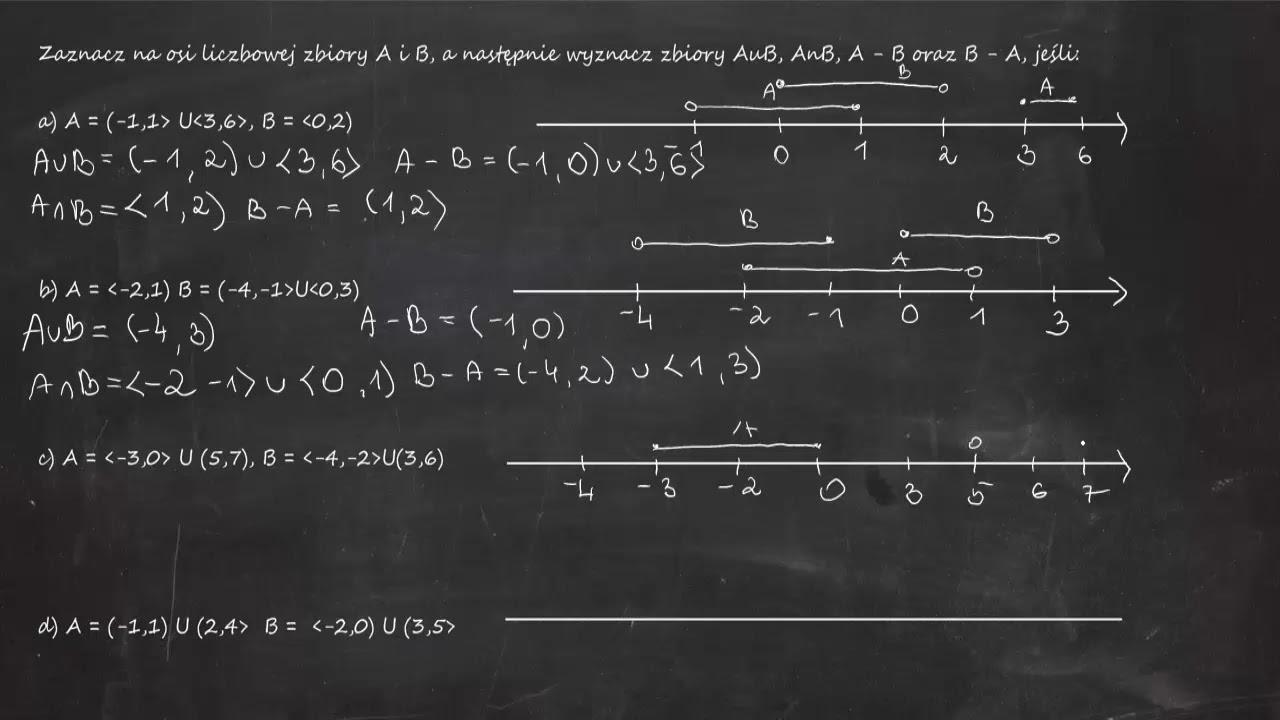 Zaznacz na osi liczbowej zbiory a) A = (-1,1] U [3,6], B = [0,2) b) A