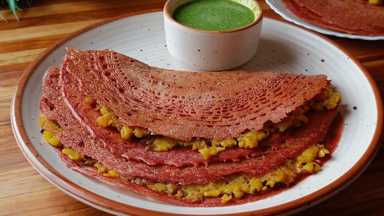 Colorful & Nutritious Beetroot Dosa Recipe | Beetroot Oats & Masoor Dal Dosa with Potato Filling