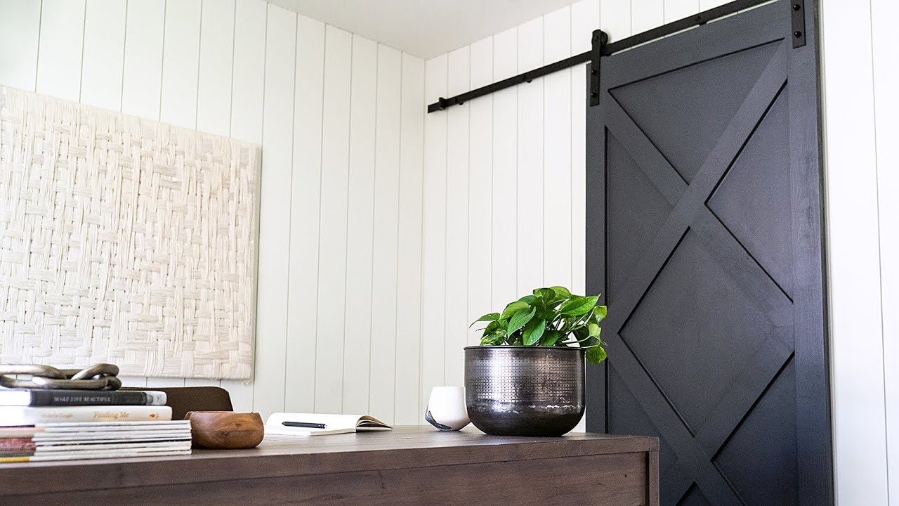 DIY Home Office Makeover // Custom Barn Door, Vertical Shiplap Walls