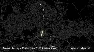 Bidirectional A* Pathfinding in Ankara, Turkey with heuristic cartesian^1.2