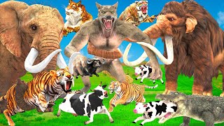 Asian Elephant vs Saber Tooth Tiger vs Dire Wolf Attack Cow Buffalo Saved By Mammoth Elephant Fight