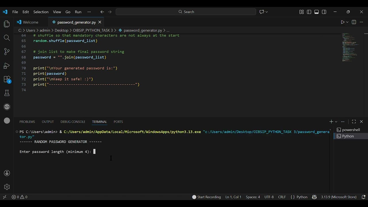 OIBSIP Python Task 3 - Random Password Generator | Oasis Infobyte Internship | Python project