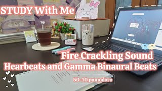 🎧💓Study With Me | Hearbeat♡ focus | fire place🔥 ambience + Gamma Binaural Beats 🧸| 50-10 POMODORO ☕️