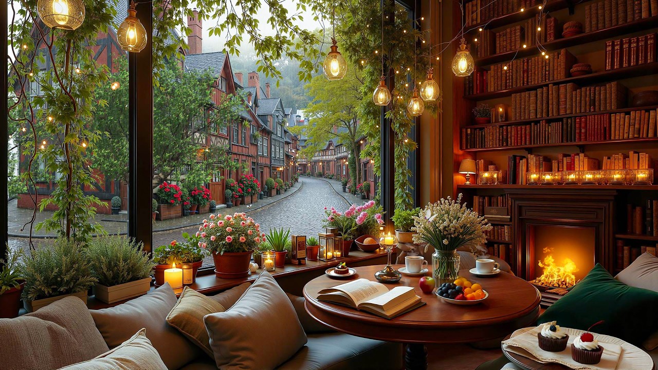 Gentle Rain Coffee Shop Vibes ☕🔥 Relaxing Jazz Music & Crackling Fireplace for Study, Work