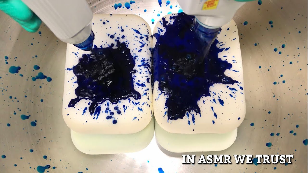 New White Sponges Stained with Blue Toilet Cleaner | ASMR