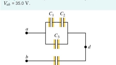 In (Figure 1), each capacitor has C = 4.40 μF and Vab = 35.0 V. Calculate the charge on capacitor C1