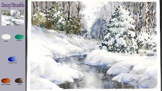 Without Sketch Landscape Watercolor- Snowy Riverside (color name view, watercolor material)NAMIL ART