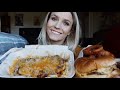 Double cheeseburger, chili cheese fries, and onion rings mukbang!!