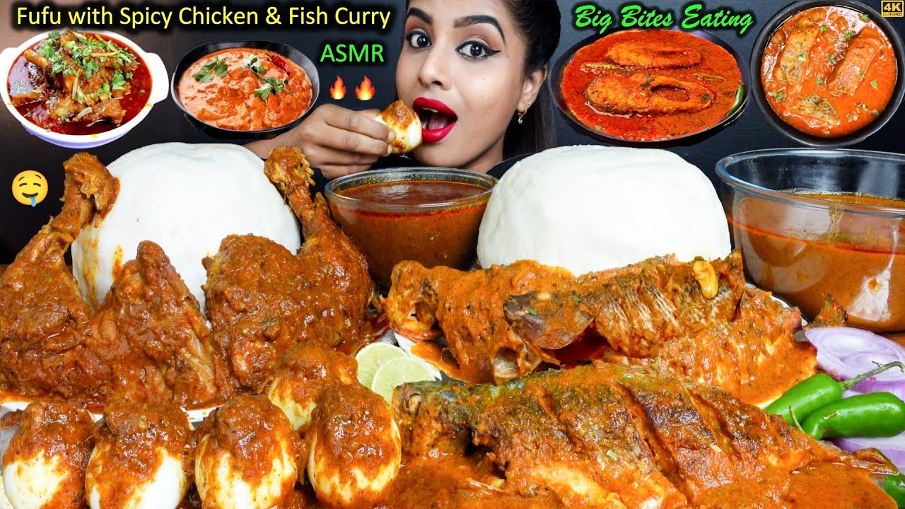 ASMR Eating Spicy Fufu,Chicken Curry,Fish Curry,Soup,Leg Piece,Rice Big Bites ASMR Eating Mukbang