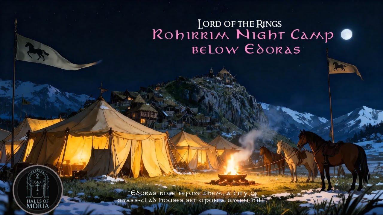 LOTR Ambience for Study & Focus | Cozy Fantasy Night Camp, Fire, Wind & Music