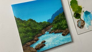 Mountain river painting/acrylic painting for beginners tutorial/step by step acrylic painting