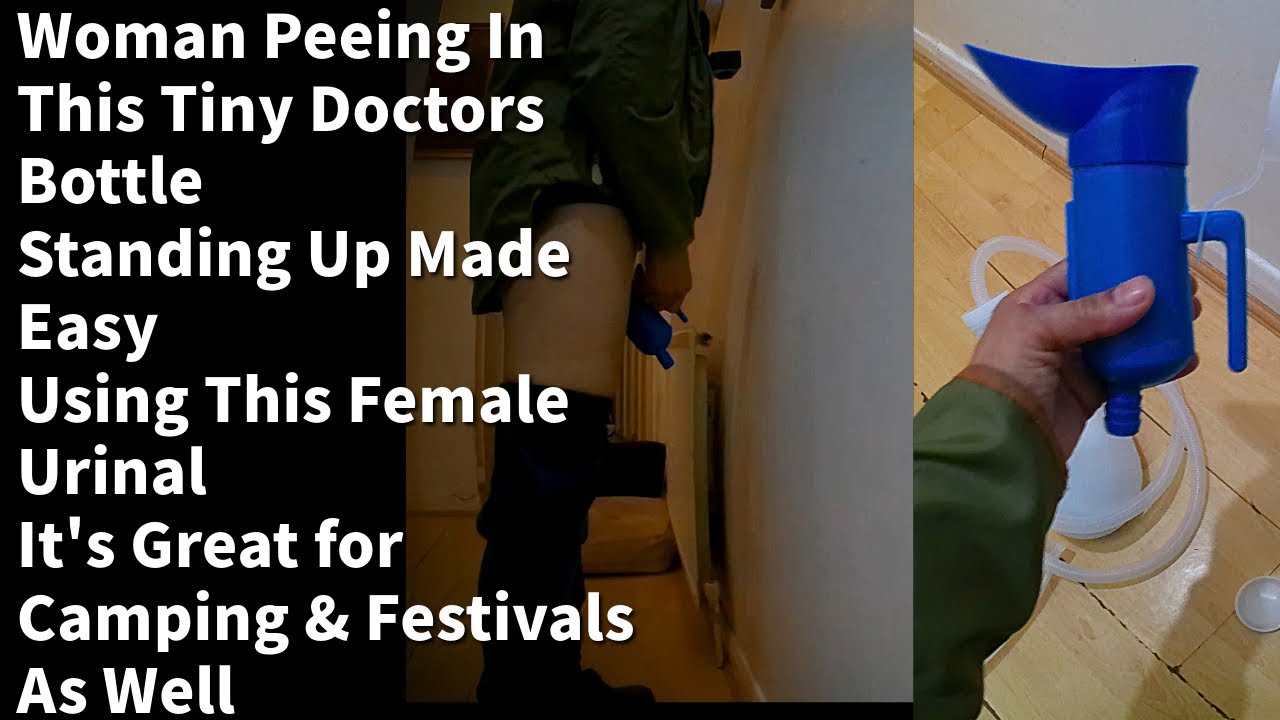 Woman Peeing Standing Up aiming into a tiny bottle with this female ...