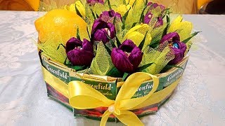 Подарок из цветов-конфет, лимона и чая. Отличная идея на 8 марта! Цветы из гофрированной бумаги Подарок из цветов-конфет, лимона и чая. Отличная идея на 8 марта! Цветы из гофрированной бумаги