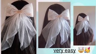 No SEW BOW with long tails || great hair accessories for girls || Tulle hair  bow DIY