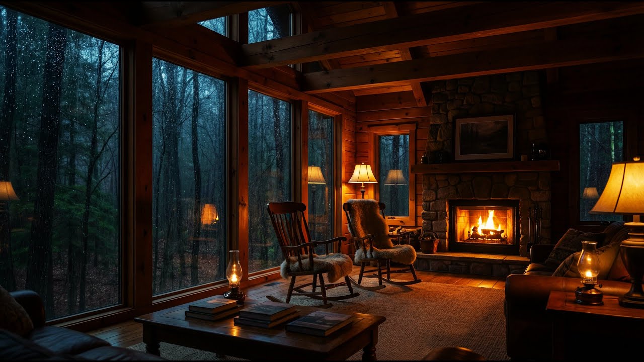 Cozy Cabin in the Rain 🌧️ Fireplace Crackling & Rain Sounds for Sleep & Study