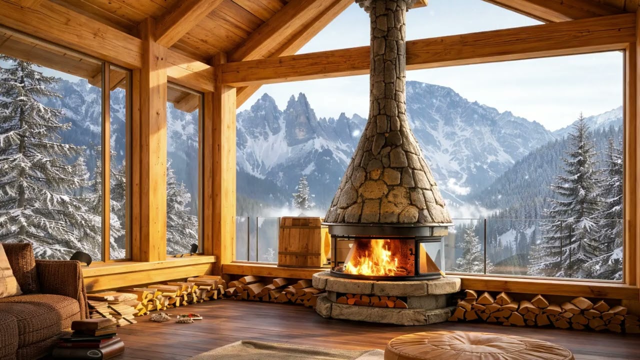 Snowy Mountain Cabin Retreat ❄️ Cozy Fireplace & Alpine View (4K)