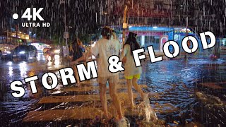 [4K UHD] Walking in Heavy Rain, Lightning and Flooding in Bangkok