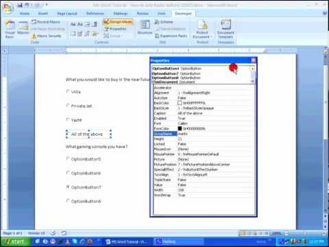 MS Word 2007 Tutorial - How to add and reset Radio Buttons HD