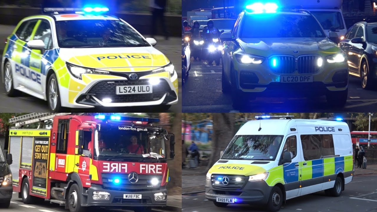 Police, Fire & Ambulance Vehicles responding in Euston using lights & sirens