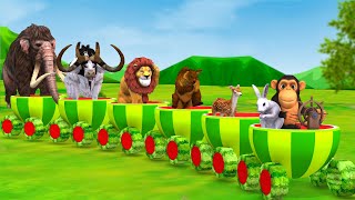 Monkey Watermelon Train Rides In Forest With Wild Animals Mammoth & Giant Bull Animals Train Video