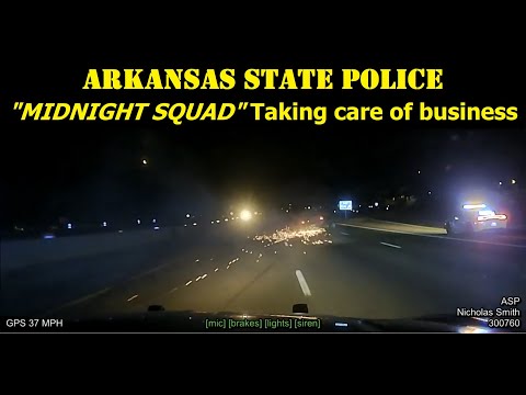 Midnight Shift of ARKANSAS STATE POLICE ending another pursuit FAST - tire goes bouncing down road