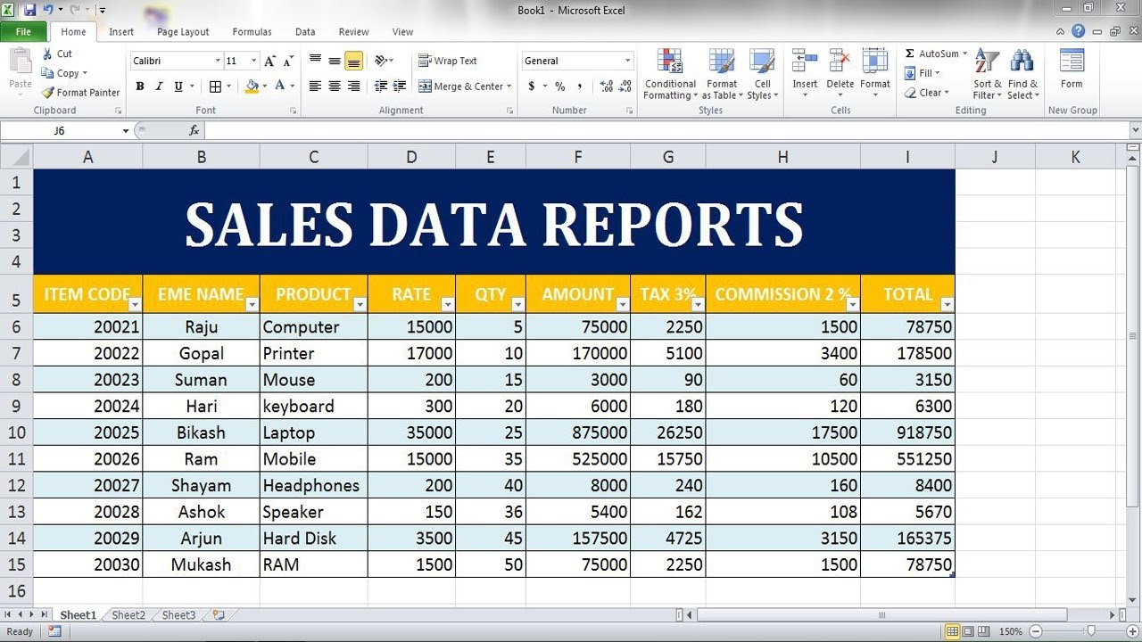 the report in excel