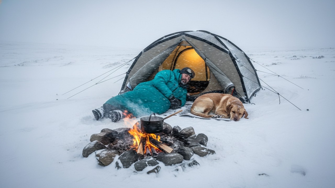 Windy Highland Camping with My Dog · Expedition Shell Inflatable Hot Tent · Soup Stir ASMR