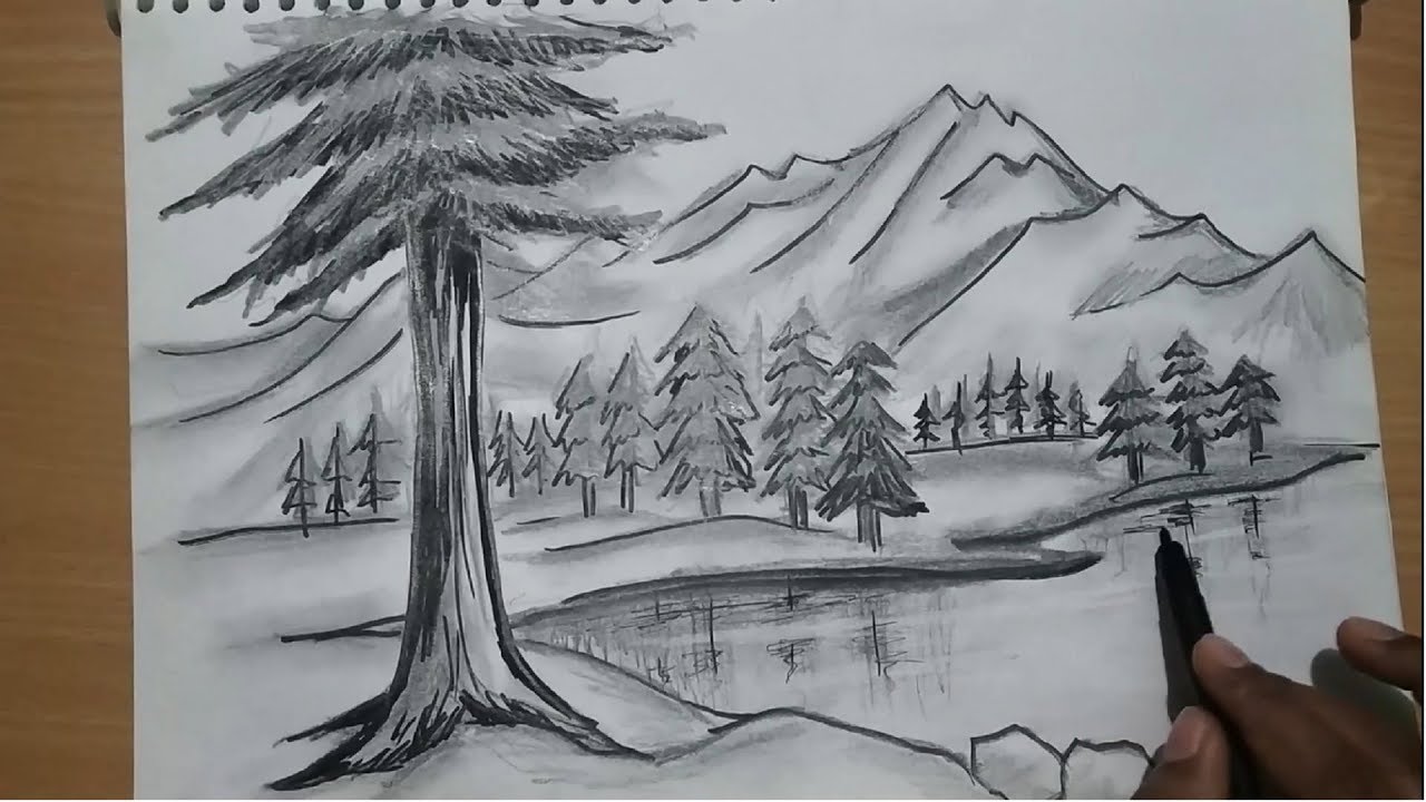 how to draw nature / mountain scenery with river and trees - YouTube