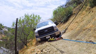 GPS fail! Smart rigging saves this Ford F150 from falling down a hill