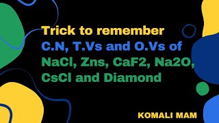 Trick to remember C.N, T.Vs and O.Vs of NaCl, ZnS, CaF2, Na2O , CsCl and Diamond by Komali mam