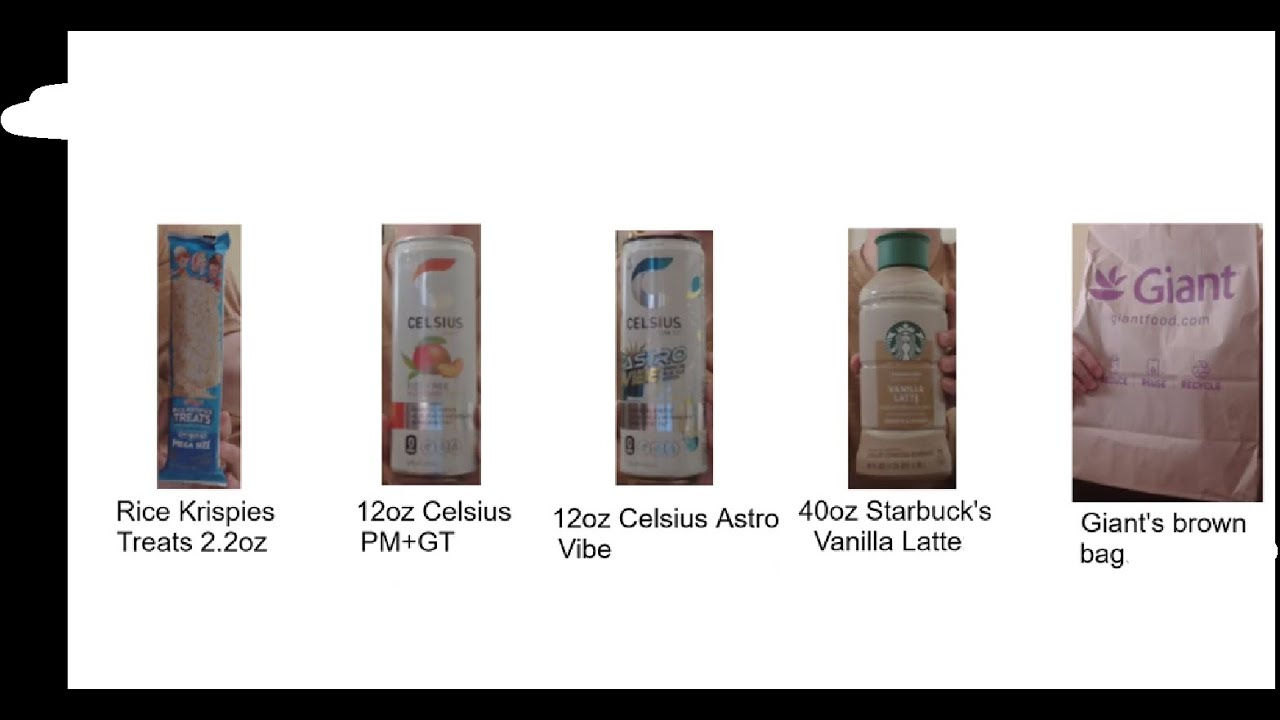 (IDR) 5 items, Rice Krispies Treats, 2 cans 12fl oz Celsius, 40oz SB coffee, Giant's bag