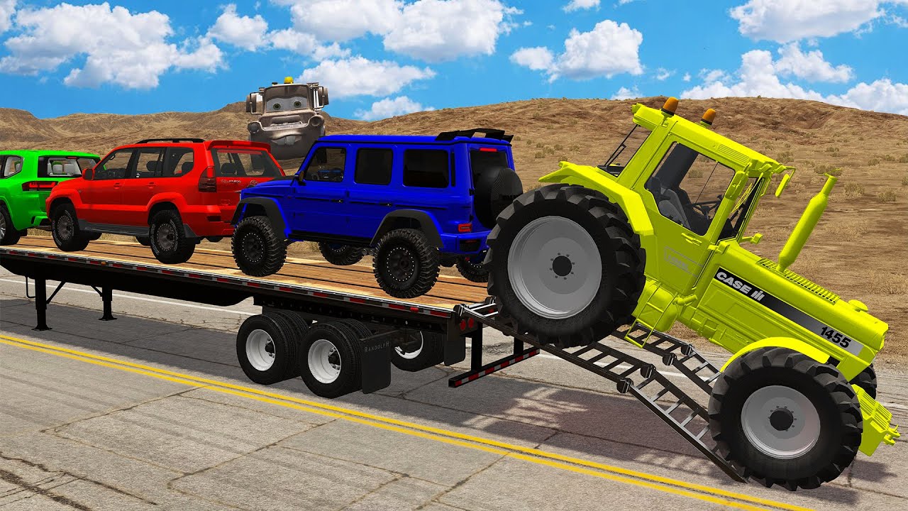 Flatbed Trailer McQueen Transportation with Truck - Speedbumps vs Cars vs Train - BeamNG.Drive #1